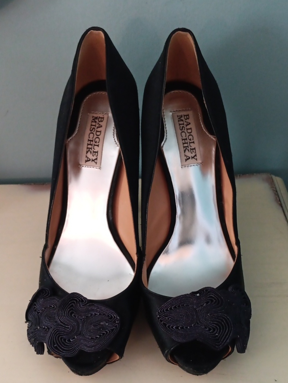 & Badgley Mischka Black Satin Peep-Toe Heels with Decorative Appliques